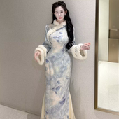 画报夫人原创自制厚款 金线蕾丝温柔兔毛旗袍 蓝芬蝴蝶加绒