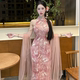 画报夫人原创自制新中式 蝶恋粉挖肩 提花缎面盘扣旗袍