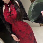 画报夫人原创自制国风新中式 风情挖肩旗袍连衣裙万红曳