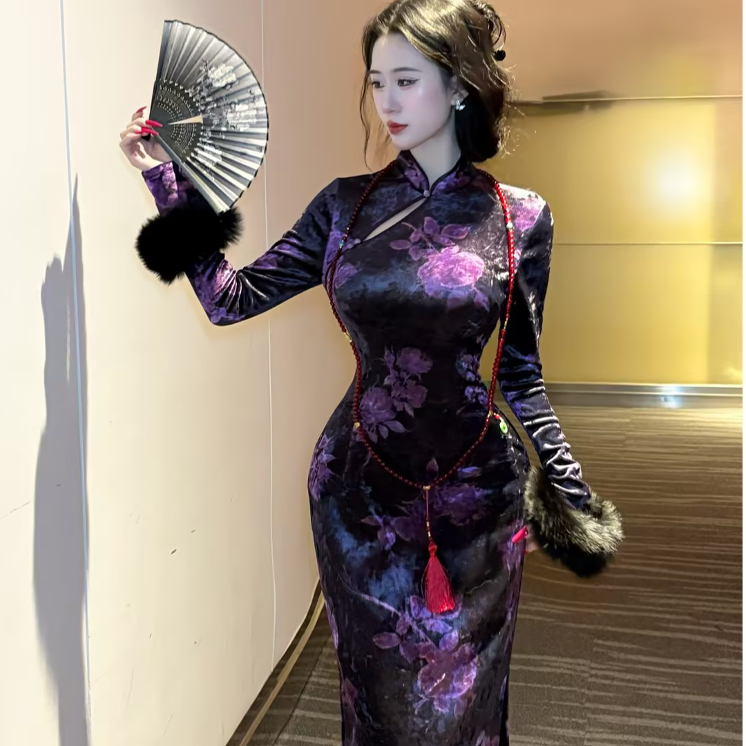 LHMknk1画报夫人原创自制高级刺绣显瘦国风旗袍  御紫花