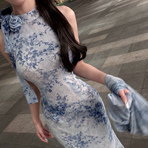 画报夫人原创温柔纯欲收工花朵挖肩鱼尾连衣裙  蓝珠心