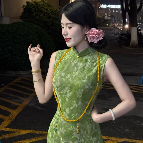 LHMknk1画报夫人原创国风弹力网纱温柔清冷旗袍 小花青