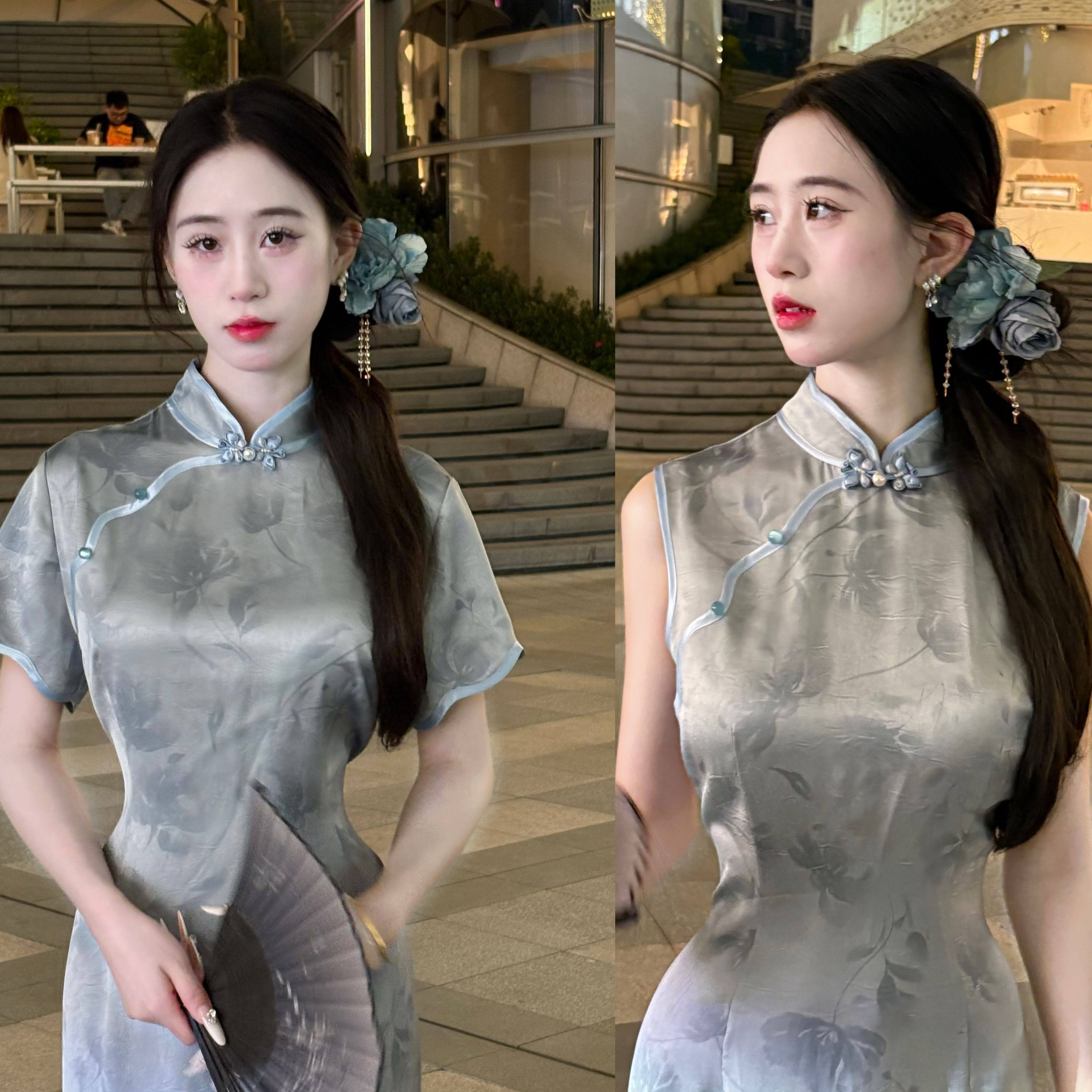 画报夫人原创自制改良夏季显瘦新中式国风旗袍 羽扇豆蓝色