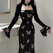 情丝蝶 LHMknk1画报夫人原创自制温柔显瘦丝绒蝴蝶刺绣拼接连衣裙