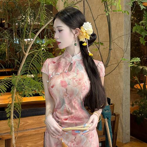 画报夫人原创温柔弹力网纱复古弹力旗袍 短袖网纱粉蓝妲己