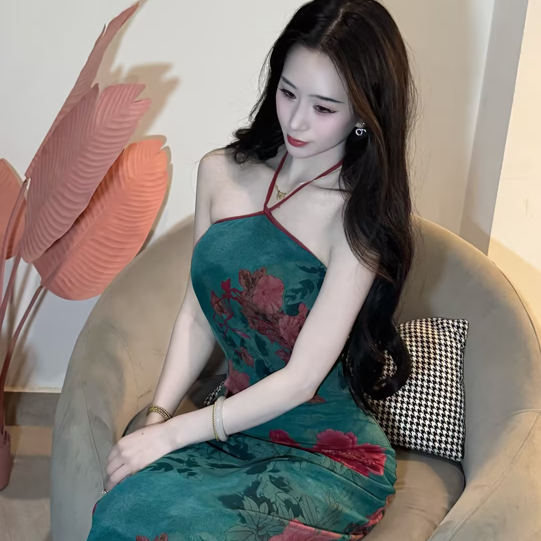 画报夫人原创自制弹力网纱挂脖 吊带绿松石牡丹