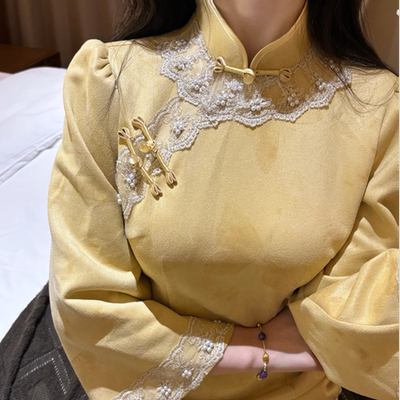 画报夫人原创自制秋冬温柔麂皮高级珠链蕾丝旗袍 杏黄太太