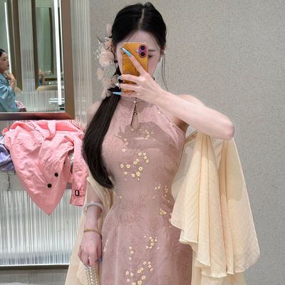 画报夫人原创自制显瘦国风夏季粉色新中式旗袍 挖肩粉春