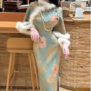 LHMknk1画报夫人原创自制提花秋冬旗袍狐狸毛倒大袖厚款清瑶吟