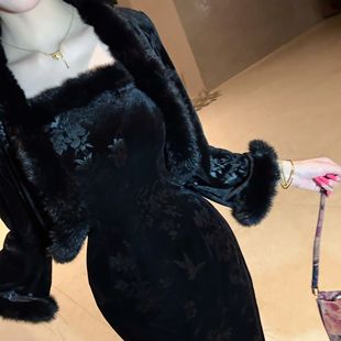 画报夫人原创自制兔毛吊带两件套加绒丝绒连衣裙 黑汝兔