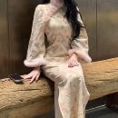 画报夫人原创自制新中式 国风温柔花朵蕾丝金线旗袍连衣裙粉白佳人