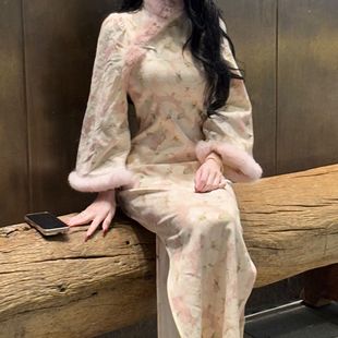 画报夫人原创自制新中式 国风温柔花朵蕾丝金线旗袍连衣裙粉白佳人