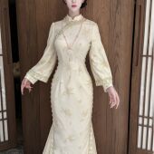 画报夫人原创自制珠链蕾丝新中式 白色旗袍 白浊太太