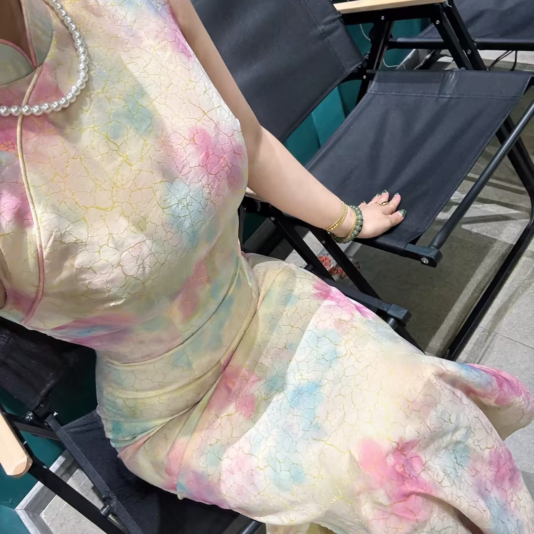 LHMknk1画报夫人原创自制仿龟裂纹金丝素雅温柔旗袍 水色光景