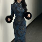 厚款 LHMknk1画报夫人原创自制秋冬厚款 针织提花旗袍连衣裙 兰陵王