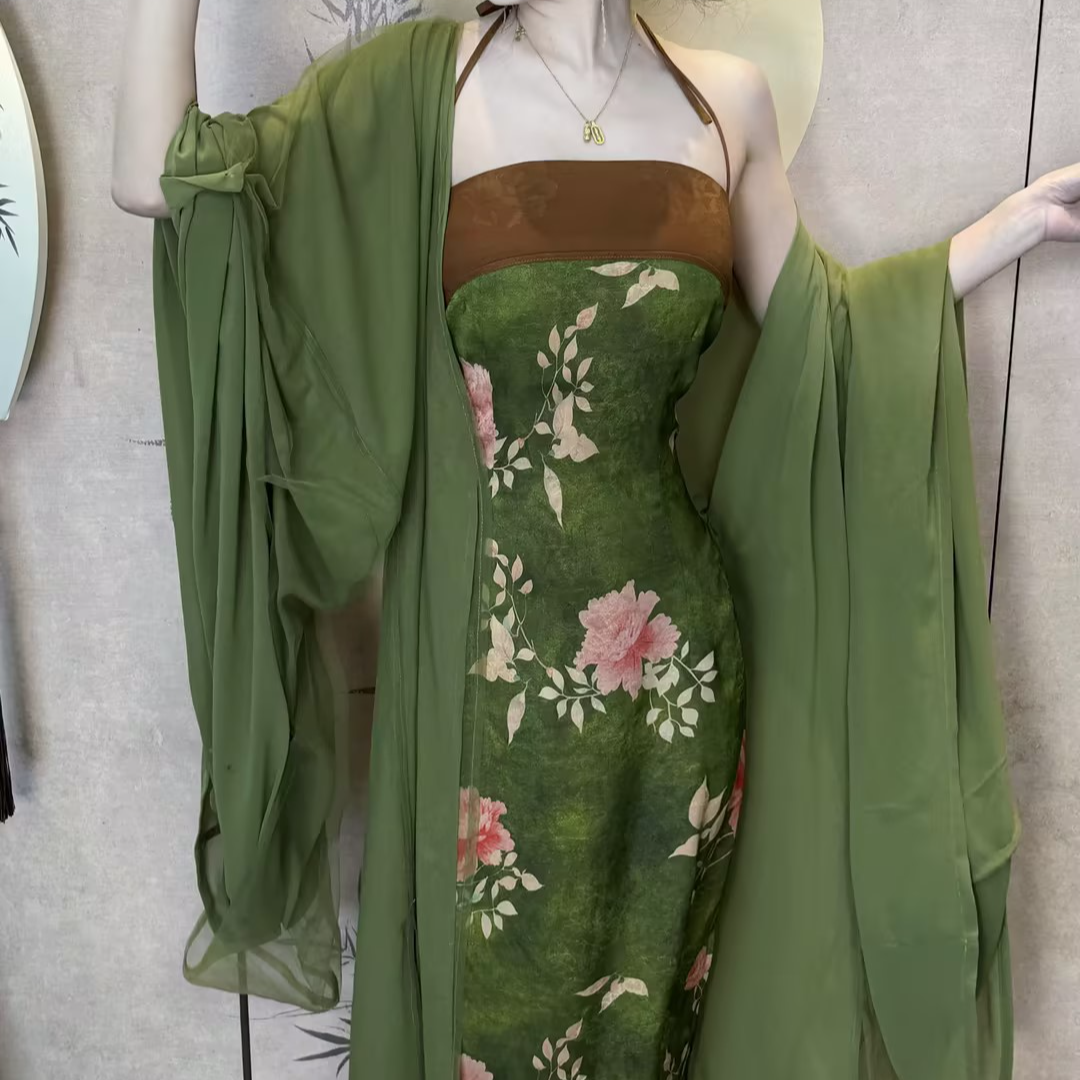 画报夫人原创自制中式改良汉服吊带连衣裙 风雅颂绿