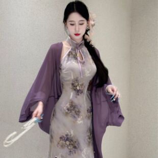画报夫人原创自制显瘦国风步步生莲新中式 紫花姬 紫色旗袍