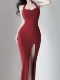 弹力款 画报夫人原创自制 复古红挂脖 连衣长裙侧开叉