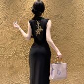 LHMknk1画报夫人原创自制显瘦复古刺绣新中式 朦胧金竹 国风旗袍