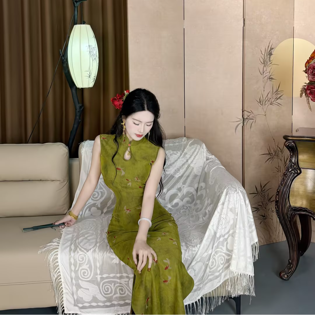 LHMknk1画报夫人原创温柔弹力网纱花朵复古弹力旗袍 碧水得鱼