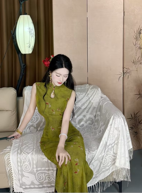 LHMknk1画报夫人原创温柔弹力网纱花朵复古弹力旗袍 碧水得鱼