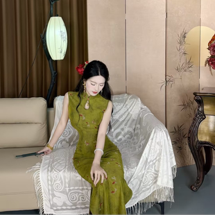 LHMknk1画报夫人原创温柔弹力网纱花朵复古弹力旗袍 碧水得鱼