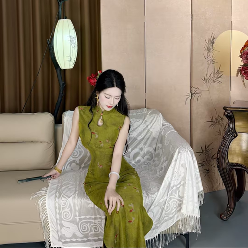 LHMknk1画报夫人原创温柔弹力网纱花朵复古弹力旗袍 碧水得鱼