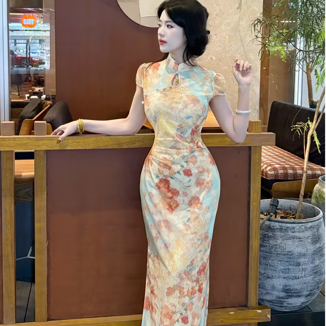 LHMknk1画报夫人原创复古温柔弹力网纱花朵复古弹力旗袍 短袖橘蓝