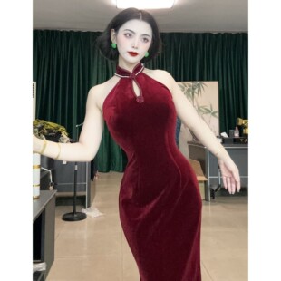 LHMknk1画报夫人原创自制新中式新版秋冬厚款旗袍 丝绒鸽血红