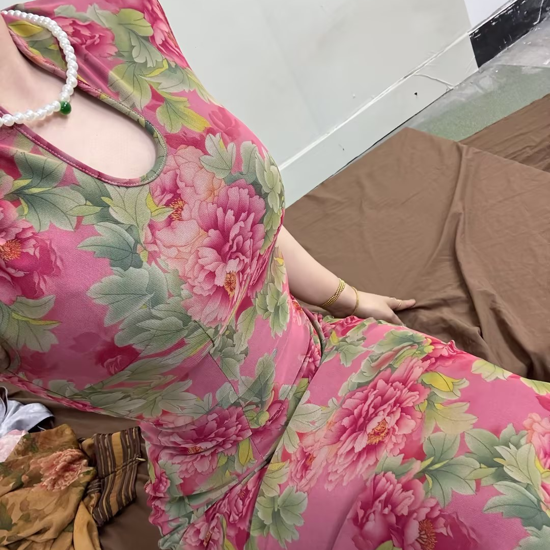 LHMknk1画报夫人原创复古温柔水滴领贝壳袖弹力网纱旗袍 粉花身