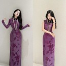 画报夫人原创秋冬气质温柔植绒紫色厚款 依萍紫 旗袍连衣裙