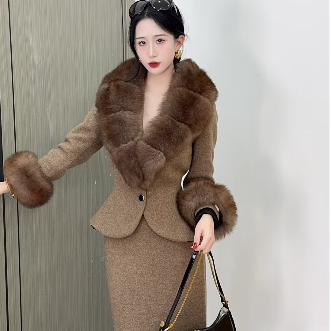 LHMknk1画报夫人vintage贵妇老钱风气质鱼尾套装 驼卡鱼尾套装