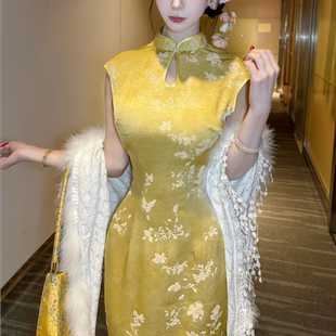 原创复古植绒缎面连衣裙显瘦贝壳袖温柔旗袍 百花黄砂