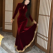 忘川迷红 画报夫人原创重工丝绒兔毛鱼尾步步生莲旗袍