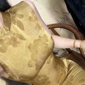 画报夫人原创自制新中式 高级烫金缎面金色旗袍港工连衣裙 俏色金