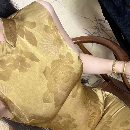 画报夫人原创自制新中式高级烫金缎面金色旗袍港工连衣裙  俏色金