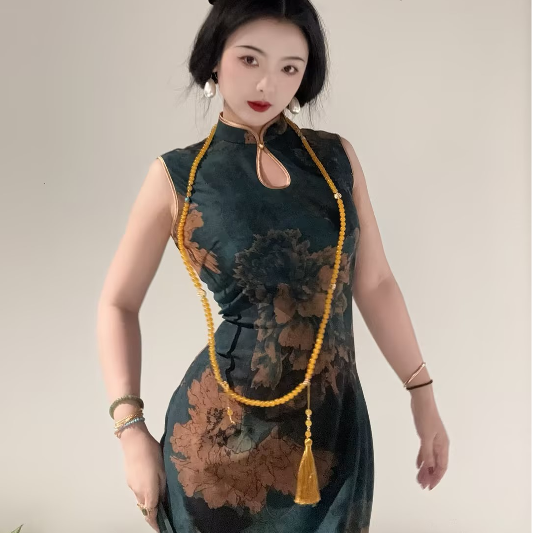画报夫人原创自制弹力网纱港工大花水滴旗袍 水滴深蓝牡丹