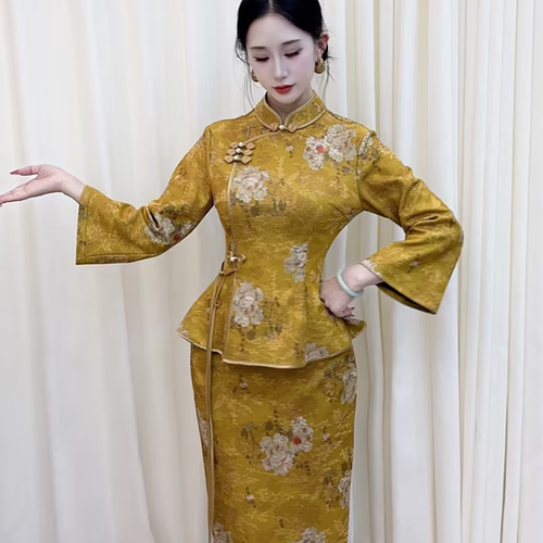 LHMknk1画报夫人原创秋冬国风显白织金针织提花旗袍 锦花两件套