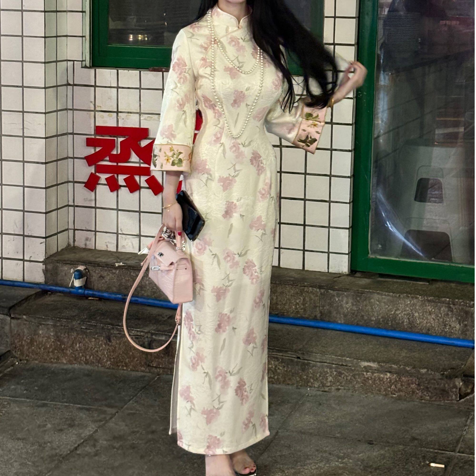 画报夫人原创自制秋冬新中式国风温柔改良旗袍连衣裙  水红花