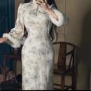 厚款 旗袍 蓝茶 倒大袖 画报夫人原创自制秋冬温柔优雅厚款