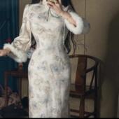 画报夫人原创自制秋冬温柔优雅厚款 蓝茶 厚款 倒大袖 旗袍