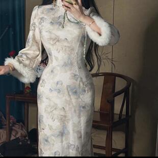 画报夫人原创自制秋冬温柔优雅厚款倒大袖旗袍 厚款蓝茶