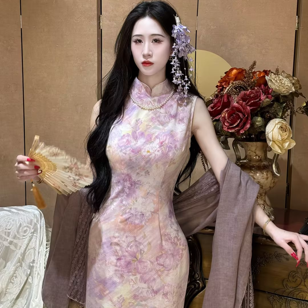 画报夫人原创新中式清冷感显瘦旗袍雪纺麻提花 汝紫可美
