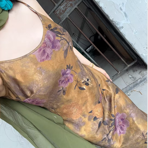 LHMknk1画报夫人原创斜裁显瘦高端u型领鱼尾提花吊带裙 浮花山茶