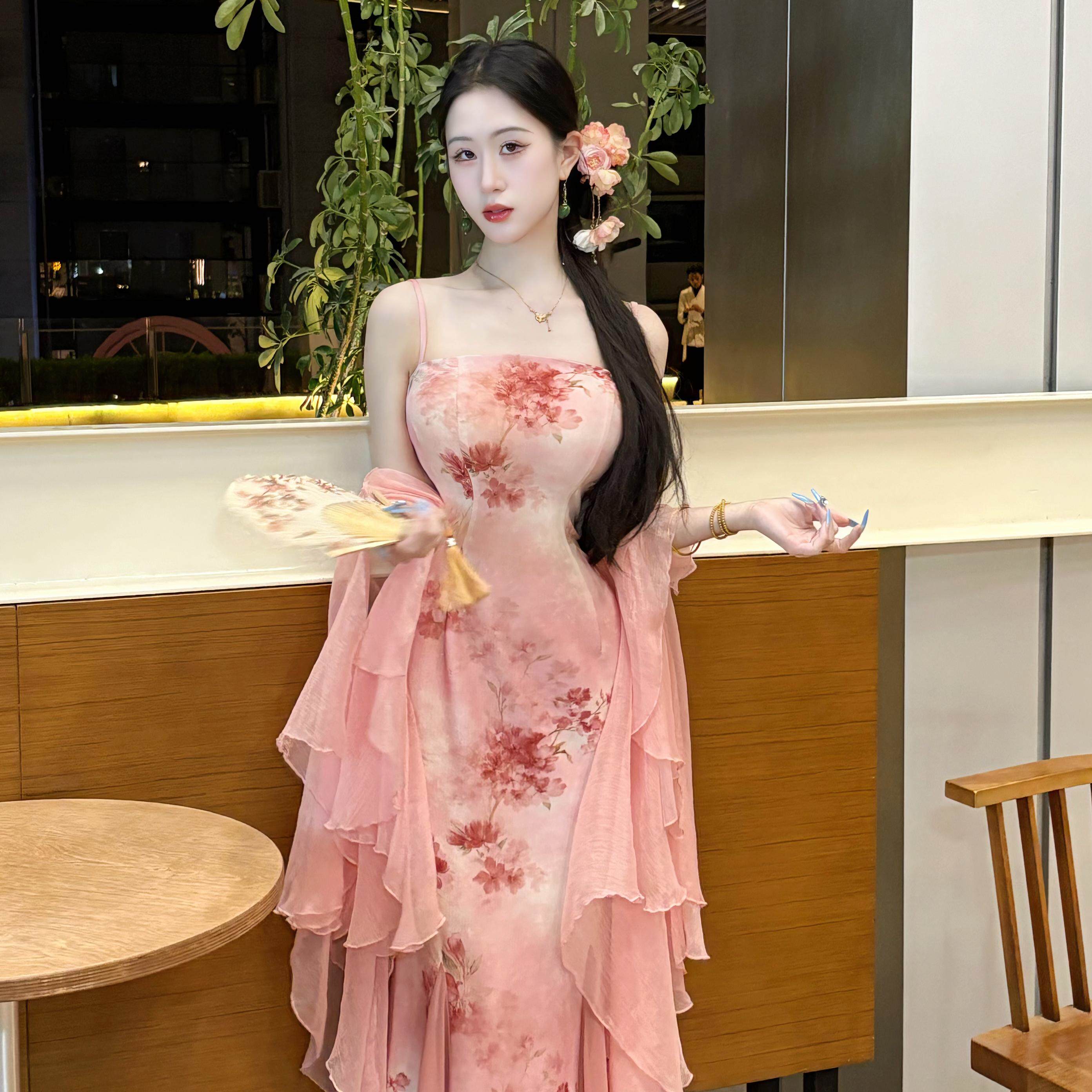 画报夫人原创粉色温柔弹力网纱大花朵复古连衣裙 娇梅吊带