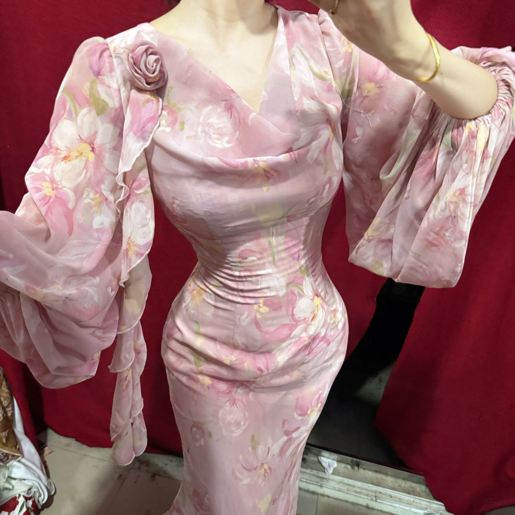 LHMknk1画报夫人原创碎花裙喇叭袖荡领乔其纱连衣裙 长袖水仙辣辣