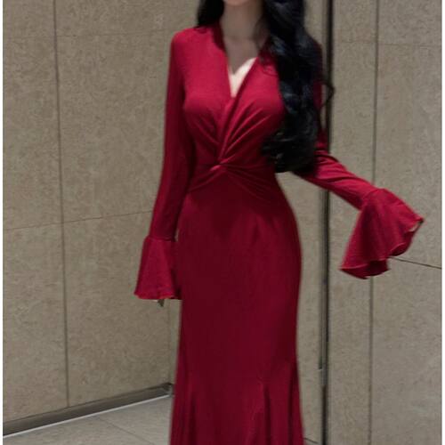 LHMknk1画报夫人原创自制弹力西装红色步步生莲V领连衣裙卡门红