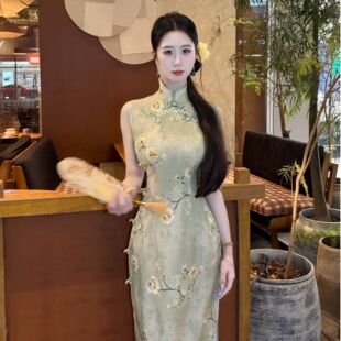 港工梦绿 旗袍 画报夫人原创自制显瘦国风无袖 绿色新中式