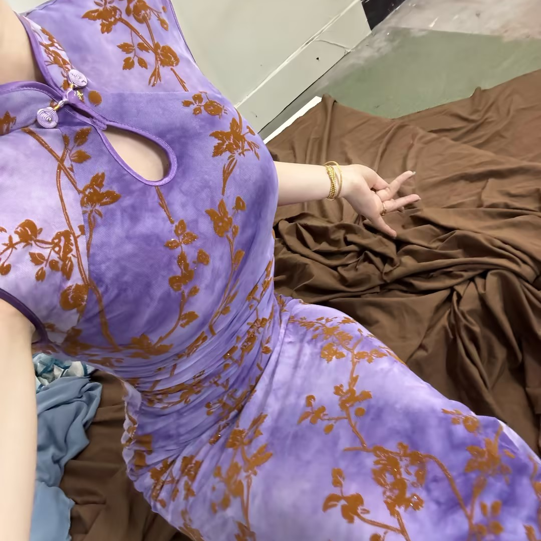 LHMknk1画报夫人原创弹力植绒网纱鱼尾旗袍 紫玫瑰的夏天鱼尾裙