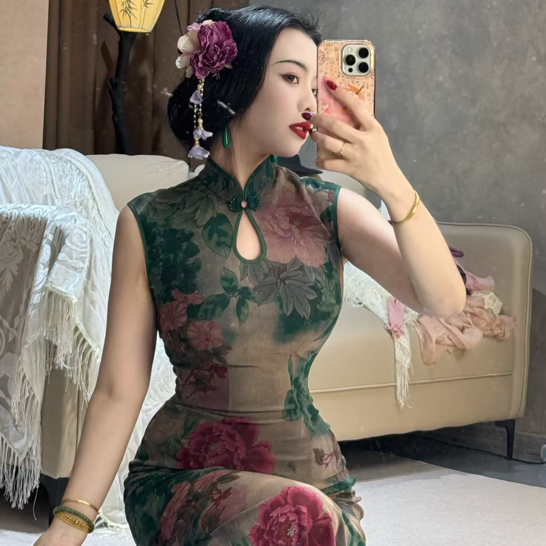LHMknk1画报夫人原创温柔弹力网纱大花朵旗袍 水滴领城中花王无袖